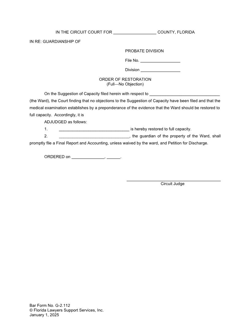 Order Of Restoration Full No Objection {G-2.112} | Pdf Fpdf Doc Docx | FLSSI Guardianship