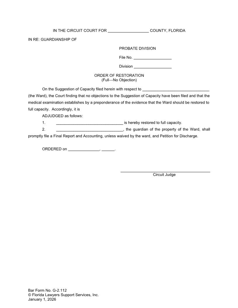 Order Of Restoration Full No Objection {G-2.112} | Pdf Fpdf Doc Docx | FLSSI Guardianship