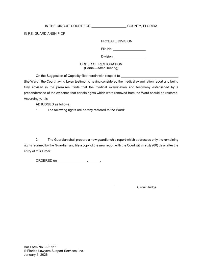 Order Of Restoration Partial After Hearing {G-2.111} | Pdf Fpdf Doc Docx | FLSSI Guardianship