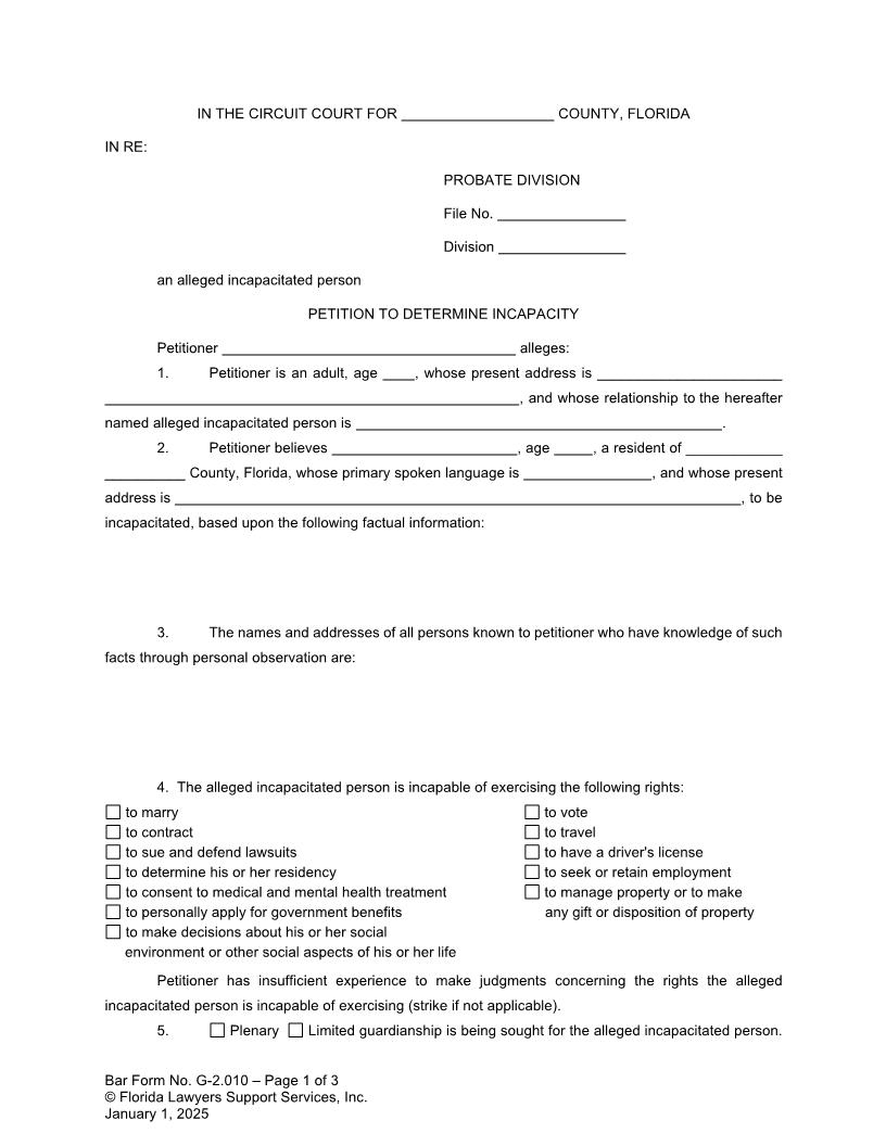 Petition To Determine Incapacity {G-2.010} | Pdf Fpdf Doc Docx | FLSSI Guardianship