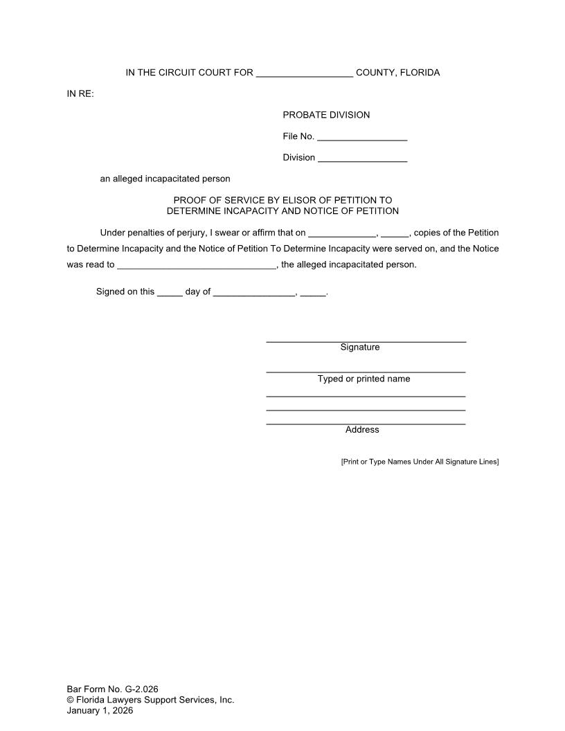 Proof Of Service By Elisor Of Petition To Determine Incapacity And Notice Of Petition {G-2.026} | Pdf Fpdf Doc Docx | FLSSI Guardianship