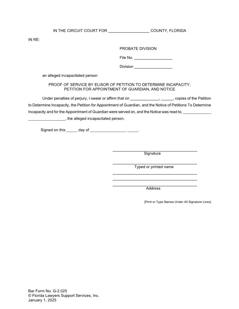Proof Of Service By Elisor Petitions To Determine Incapacity Appointment Of Guardian {G-2.025} | Pdf Fpdf Doc Docx | FLSSI Guardianship