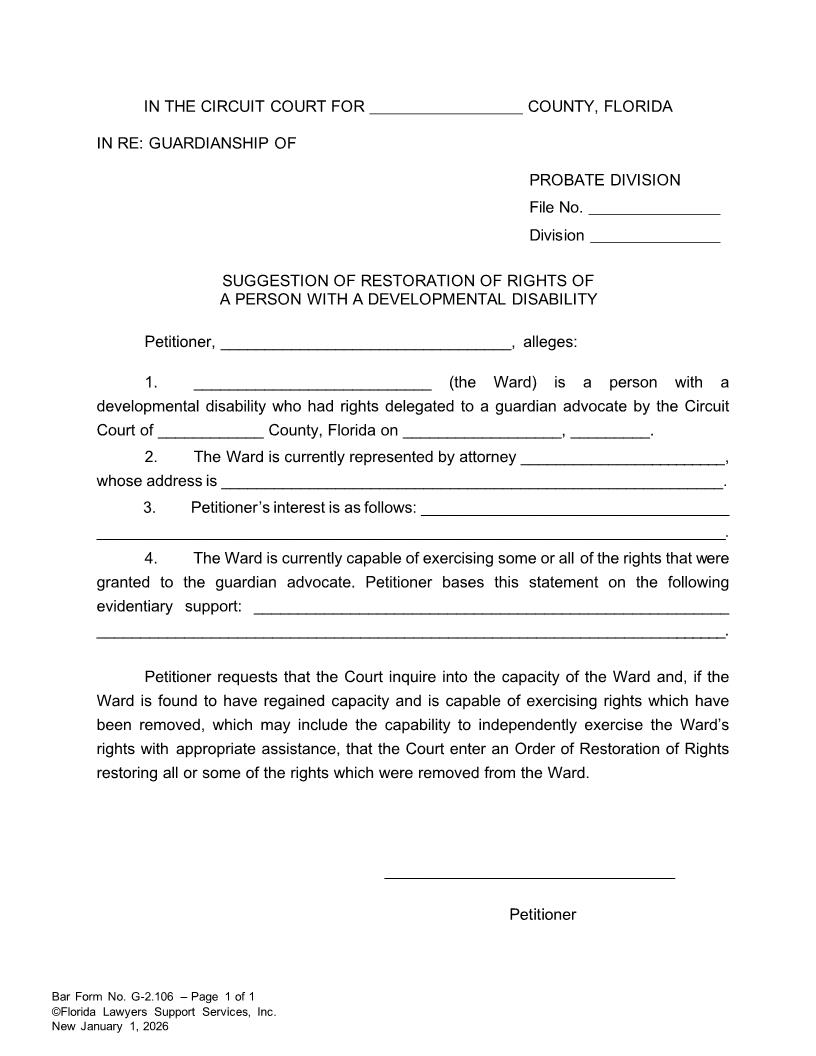 Suggestion Of Restoration Of Rights Of A Person WIth Developmental Disability {G-2.106} | Pdf Fpdf Docx | FLSSI Guardianship