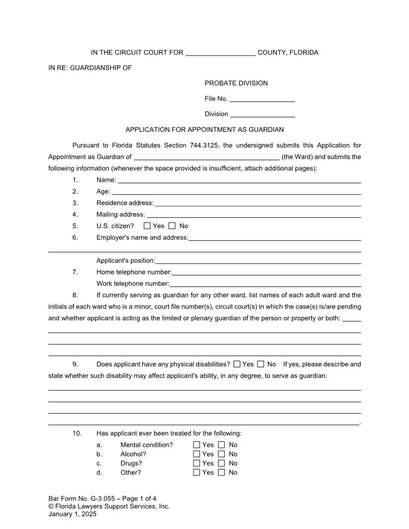 Application For Appointment As Guardian {G-3.055} | Pdf Fpdf Doc Docx | FLSSI Guardianship