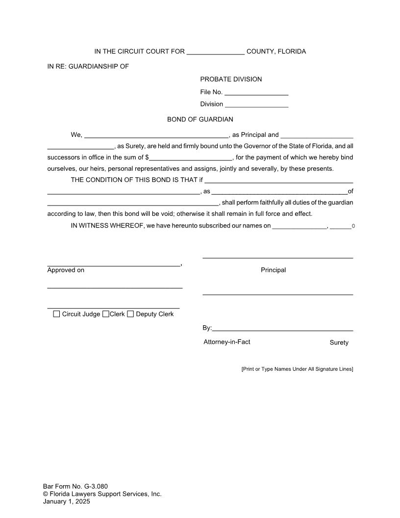 Bond Of Guardian {G-3.080} | Pdf Fpdf Doc Docx | FLSSI Guardianship