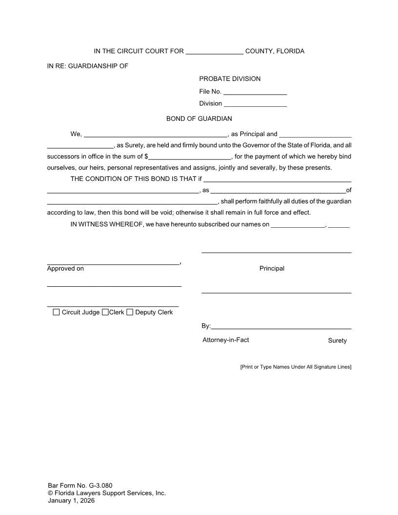 Bond Of Guardian {G-3.080} | Pdf Fpdf Doc Docx | FLSSI Guardianship