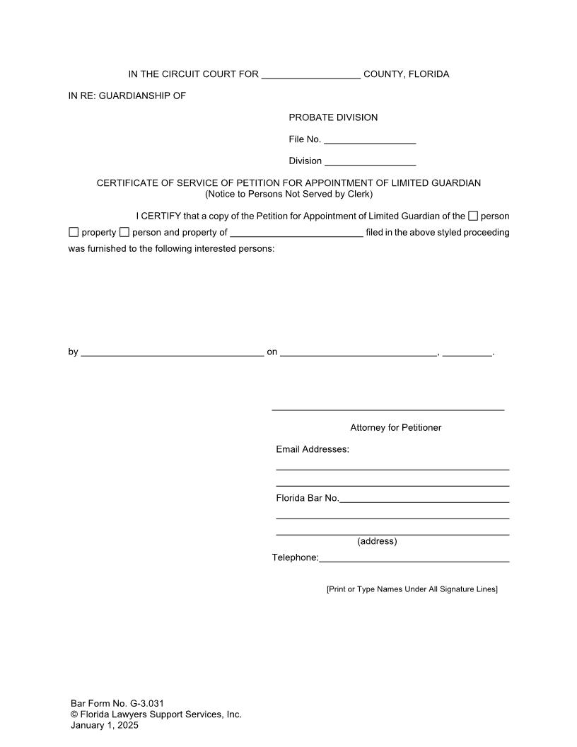 Certificate Of Service Petition Appointment Limited Guardian Persons Not Served By Clerk {G-3.031} | Pdf Fpdf Docx | FLSSI Guardianship