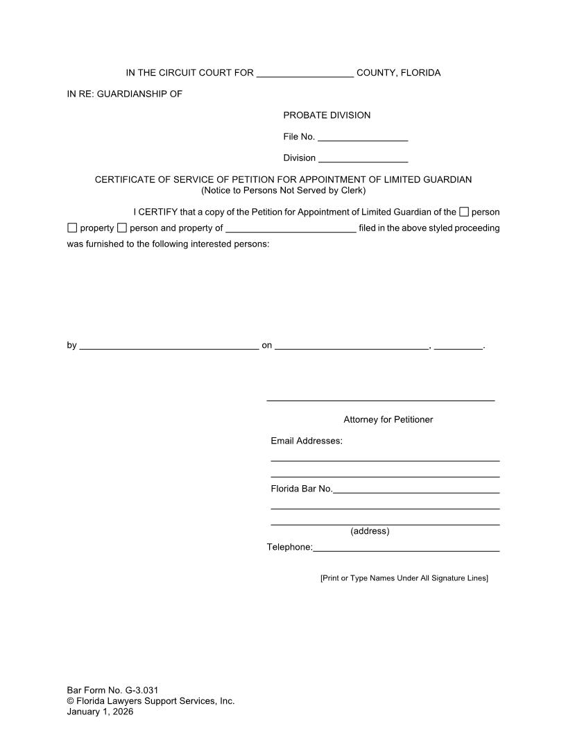 Certificate Of Service Petition Appointment Limited Guardian Persons Not Served By Clerk {G-3.031} | Pdf Fpdf Docx | FLSSI Guardianship