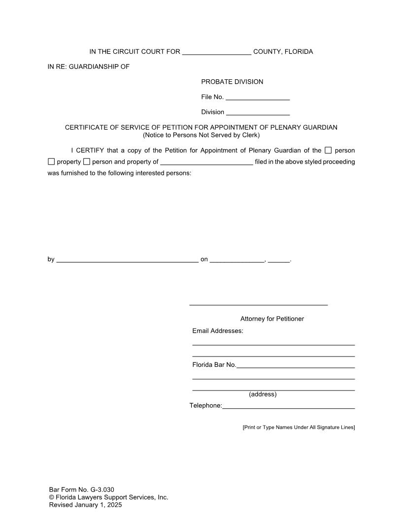 Certificate Of Service Petition Appointment Plenary Guardian (Persons Not Served By Clerk) {G-3.030} | Pdf Fpdf Docx | FLSSI Guardianship