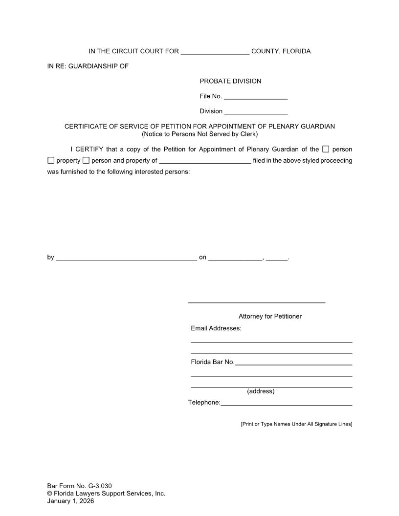 Certificate Of Service Petition Appointment Plenary Guardian (Persons Not Served By Clerk) {G-3.030} | Pdf Fpdf Docx | FLSSI Guardianship