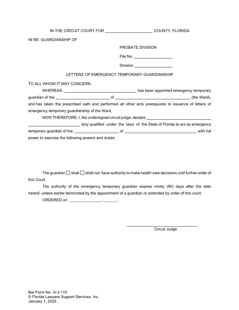 Letters Of Emergency Temporary Guardianship {G-3.110} | Pdf Fpdf Doc Docx | FLSSI Guardianship