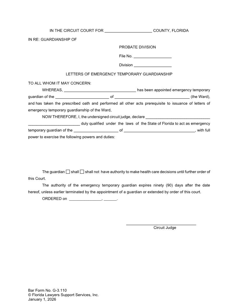 Letters Of Emergency Temporary Guardianship {G-3.110} | Pdf Fpdf Doc Docx | FLSSI Guardianship