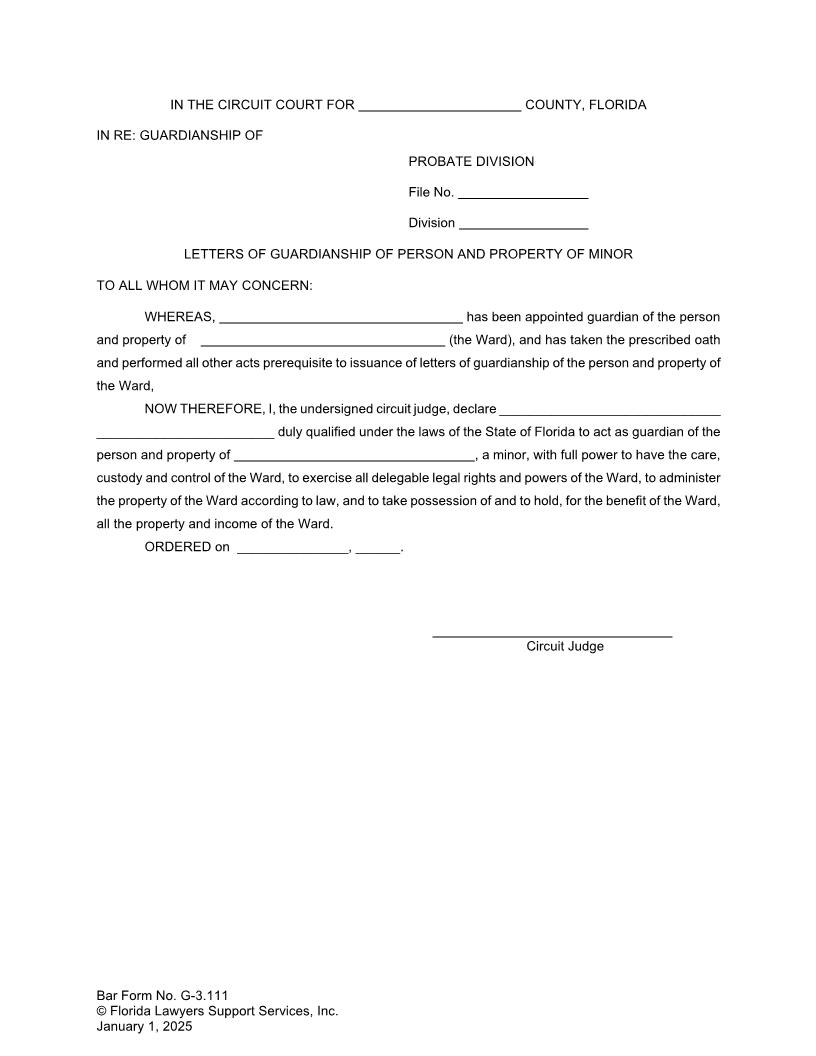 Letters Of Guardianship Of The Person And Property Of Minor {G-3.111} | Pdf Fpdf Doc Docx | FLSSI Guardianship