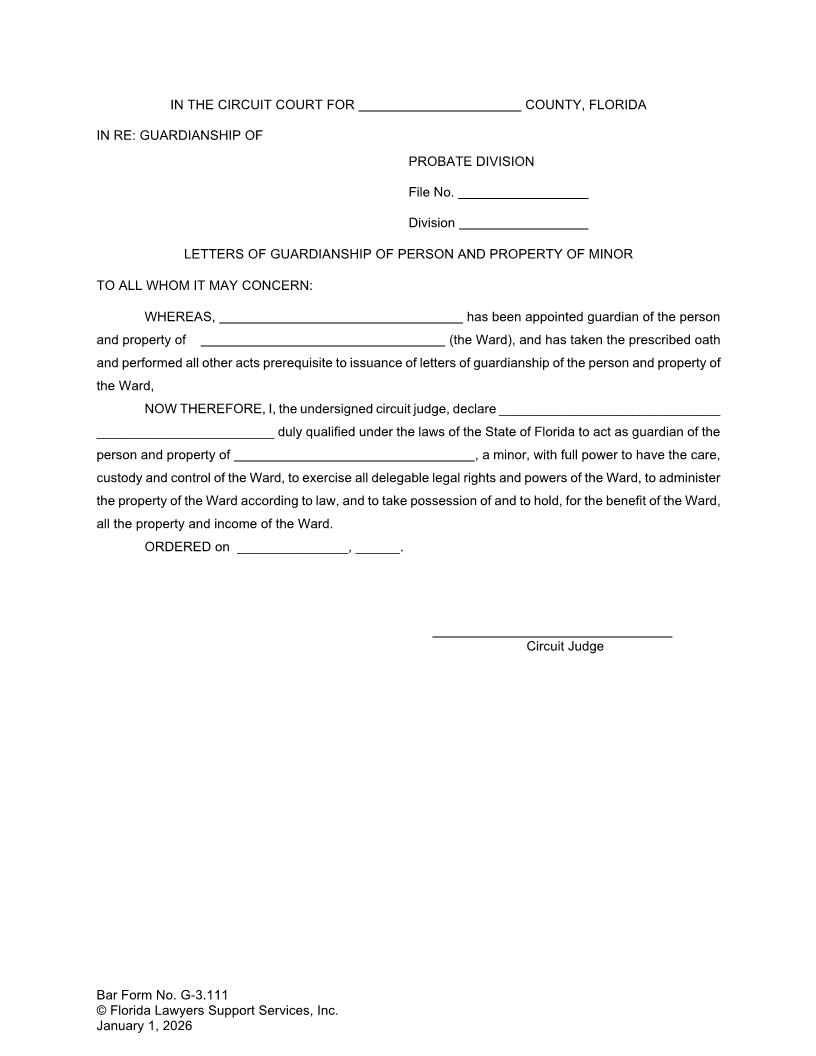 Letters Of Guardianship Of The Person And Property Of Minor {G-3.111} | Pdf Fpdf Doc Docx | FLSSI Guardianship