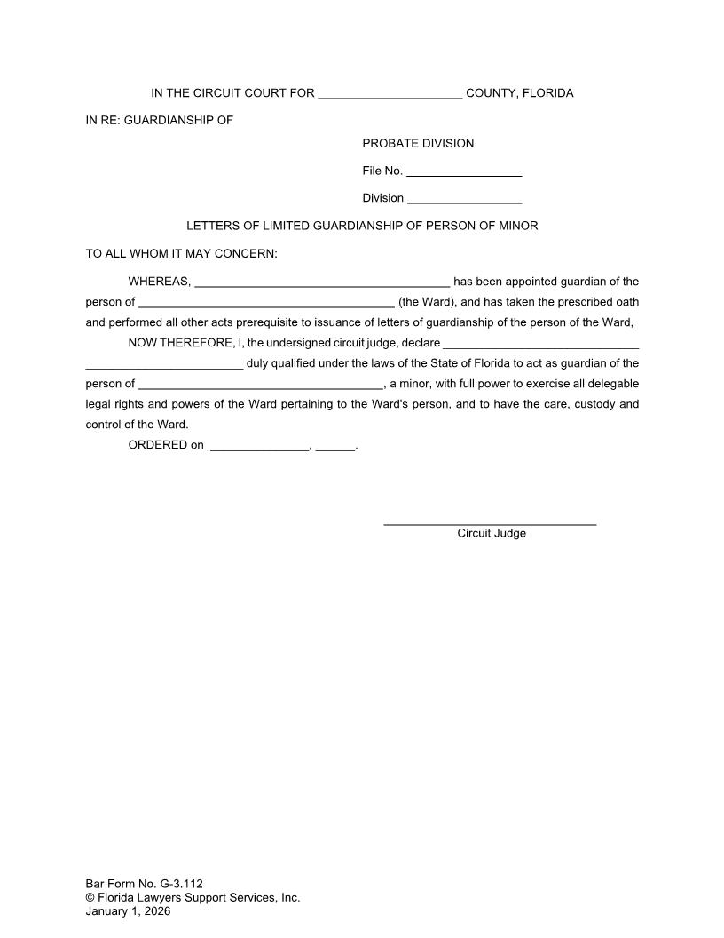 Letters Of Guardianship Of The Person Of Minor {G-3.112} | Pdf Fpdf Doc Docx | FLSSI Guardianship
