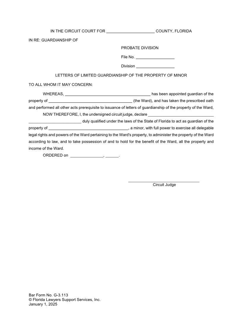 Letters Of Guardianship Of The Property Of Minor {G-3.113} | Pdf Fpdf Doc Docx | FLSSI Guardianship