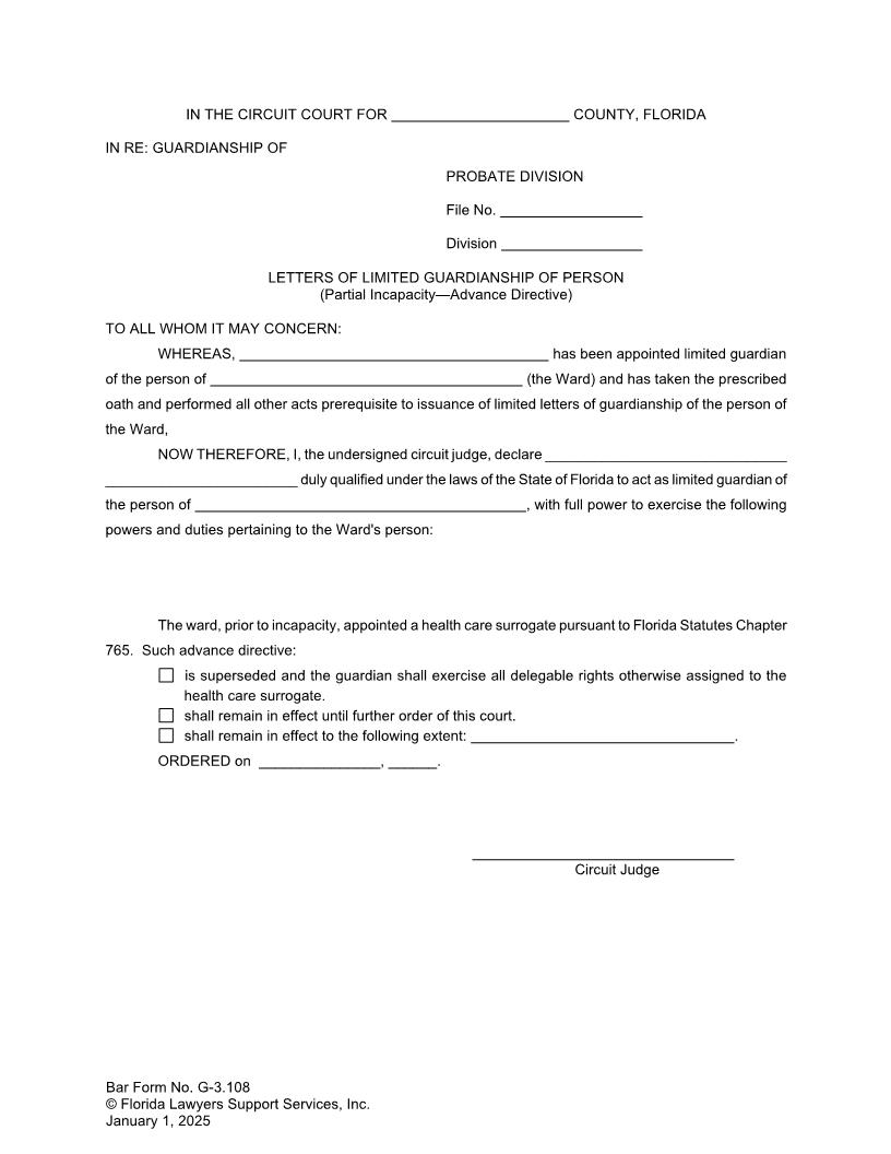 Letters Of Limited Guardianship Of Person Partial Incapacity Advance Directive {G-3.108} | Pdf Fpdf Doc Docx | FLSSI Guardianship