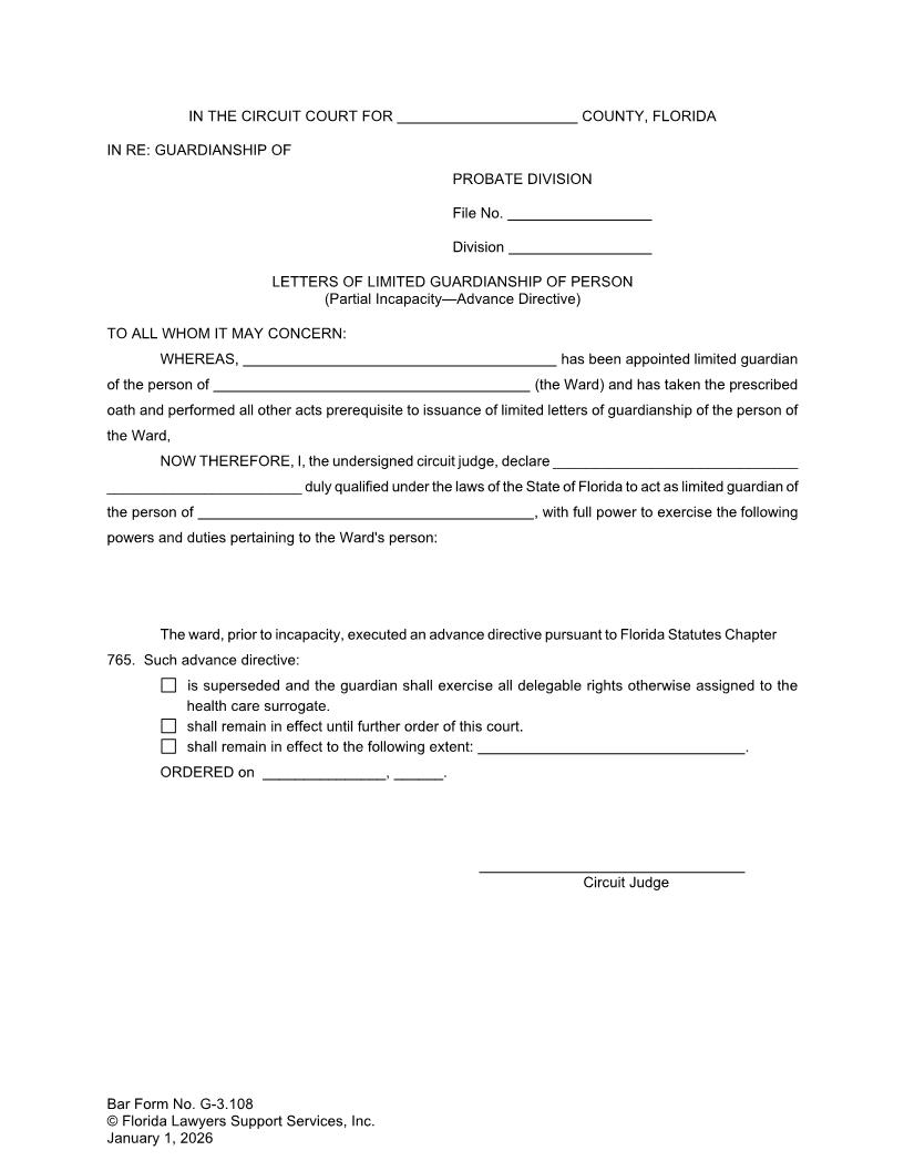 Letters Of Limited Guardianship Of Person Partial Incapacity Advance Directive {G-3.108} | Pdf Fpdf Doc Docx | FLSSI Guardianship
