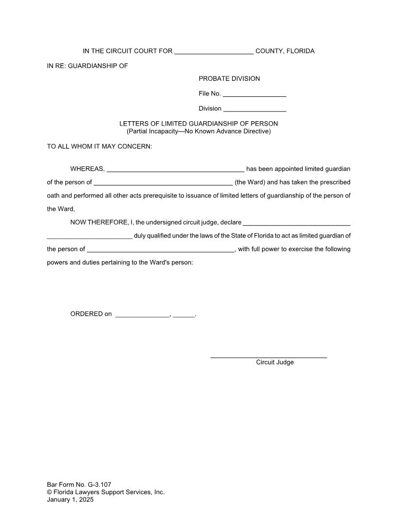 Letters Of Limited Guardianship Of Person Partial Incapacity No Advance Directive {G-3.107} | Pdf Fpdf Doc Docx | FLSSI Guardianship