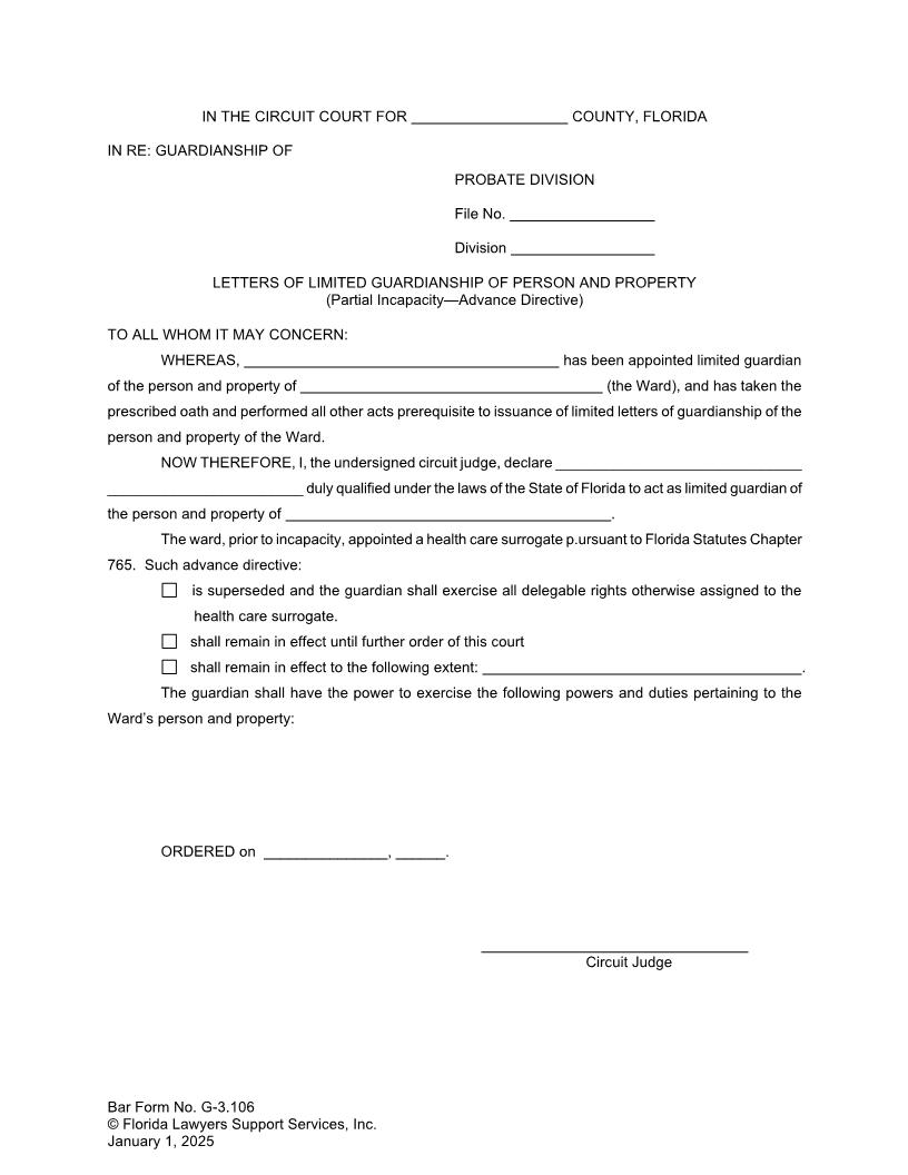Letters Of Limited Guardianship Person Property Partial Incapacity Advance Directive {G-3.106} | Pdf Fpdf Doc Docx | FLSSI Guardianship