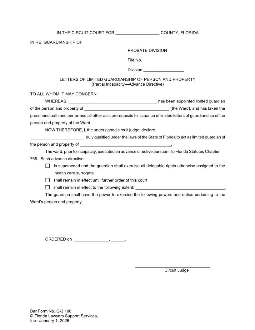 Letters Of Limited Guardianship Person Property Partial Incapacity Advance Directive {G-3.106} | Pdf Fpdf Doc Docx | FLSSI Guardianship