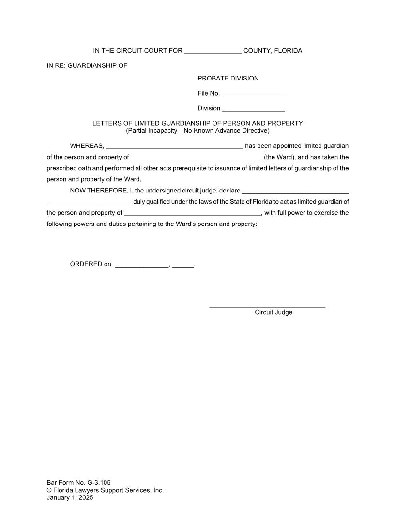 Letters Of Limited Guardianship Person Property Partial Incapacity No Adv Directive {G-3.105} | Pdf Fpdf Doc Docx | FLSSI Guardianship