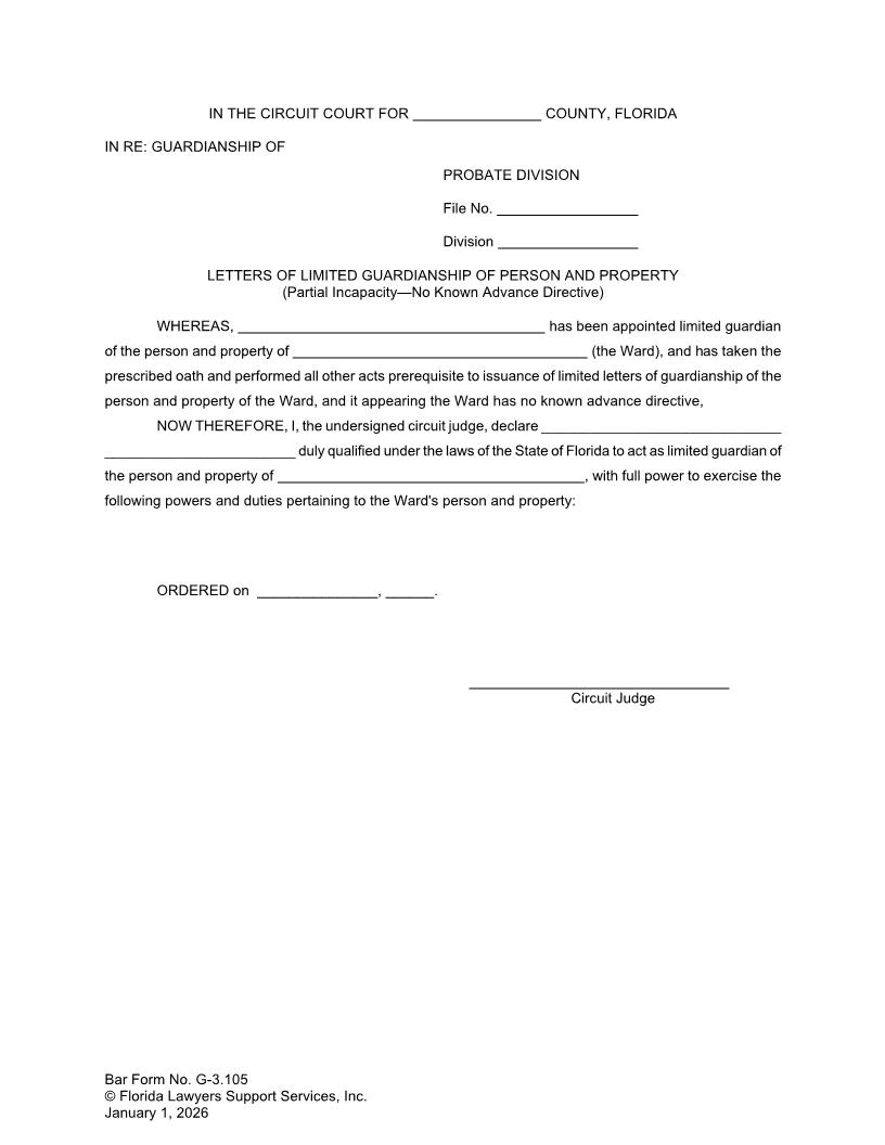 Letters Of Limited Guardianship Person Property Partial Incapacity No Adv Directive {G-3.105} | Pdf Fpdf Doc Docx | FLSSI Guardianship
