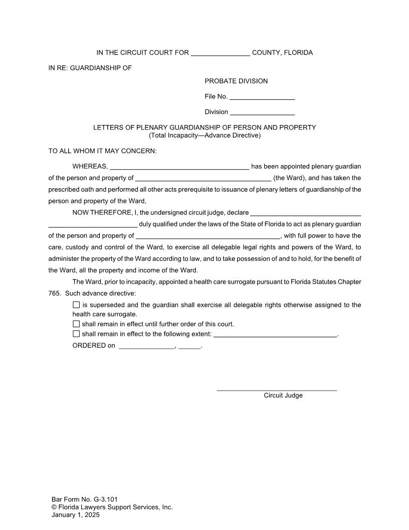 Letters Of Plenary Guardianship Of Person And Property Advance Directive {G-3.101} | Pdf Fpdf Doc Docx | FLSSI Guardianship