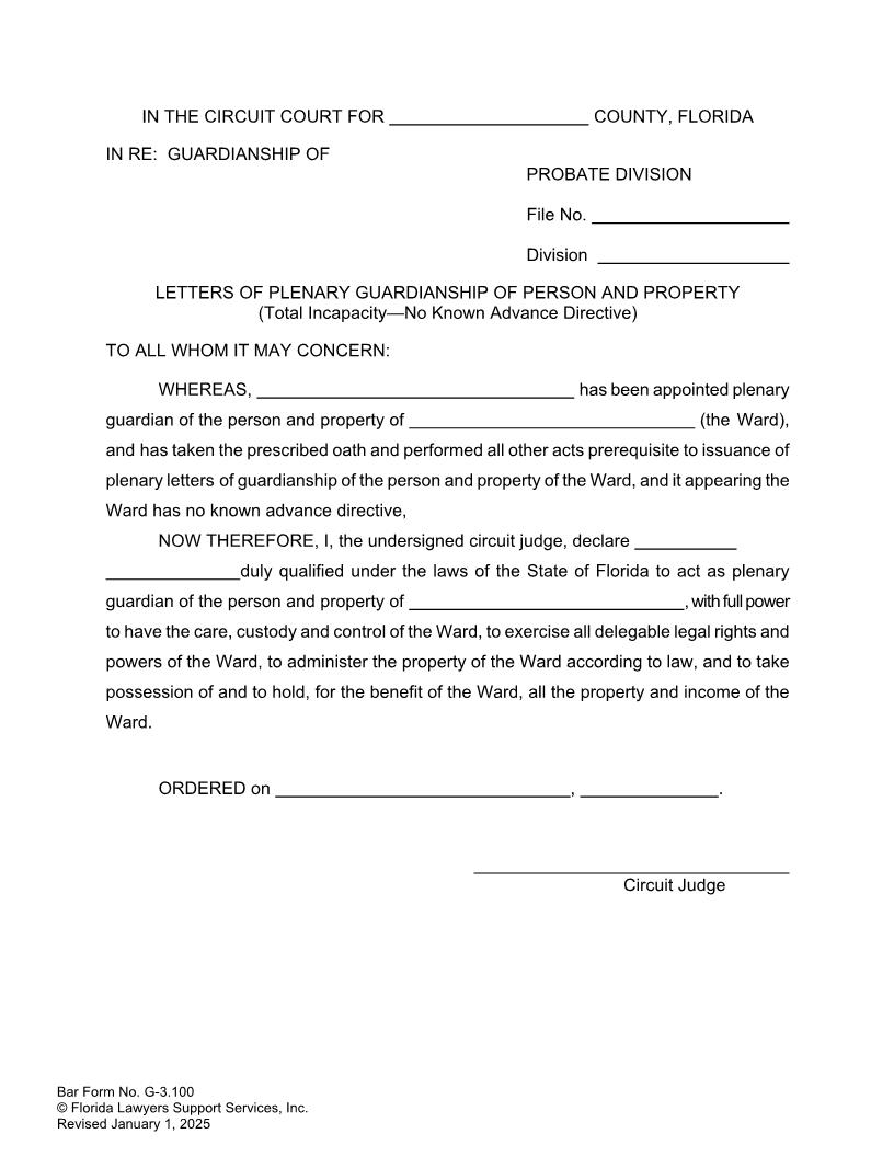 Letters Of Plenary Guardianship Of Person Property Total Incapacity No Directive {G-3.100} | Pdf Fpdf Doc Docx | FLSSI Guardianship