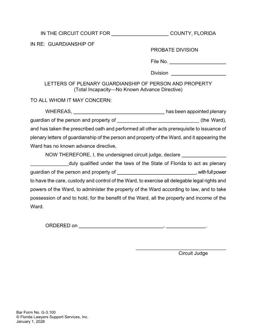 Letters Of Plenary Guardianship Of Person Property Total Incapacity No Directive {G-3.100} | Pdf Fpdf Doc Docx | FLSSI Guardianship