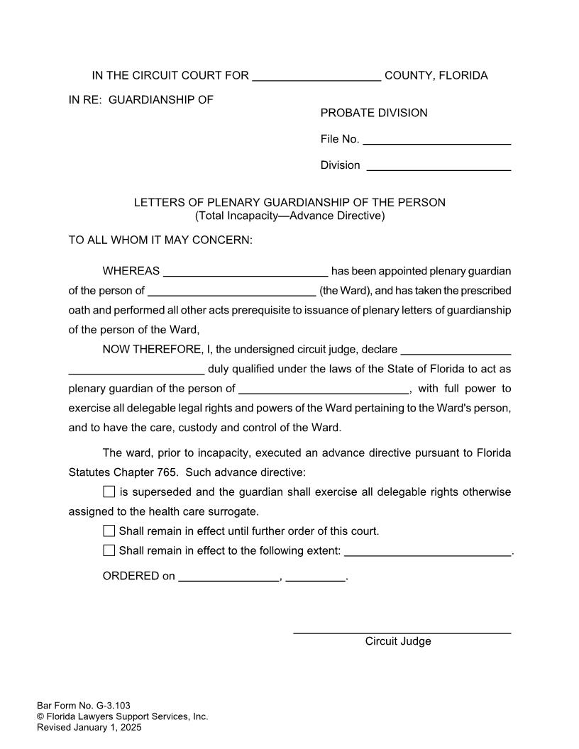 Letters Of Plenary Guardianship Of Person Total Incapacity Advance Directive {G-3.103} | Pdf Fpdf Doc Docx | FLSSI Guardianship
