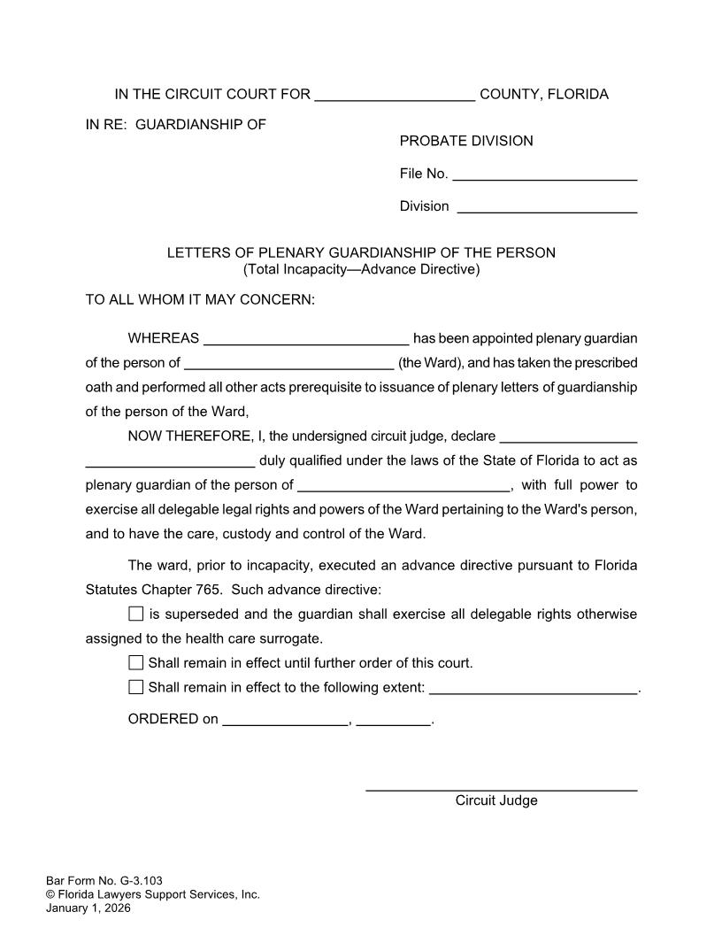 Letters Of Plenary Guardianship Of Person Total Incapacity Advance Directive {G-3.103} | Pdf Fpdf Doc Docx | FLSSI Guardianship