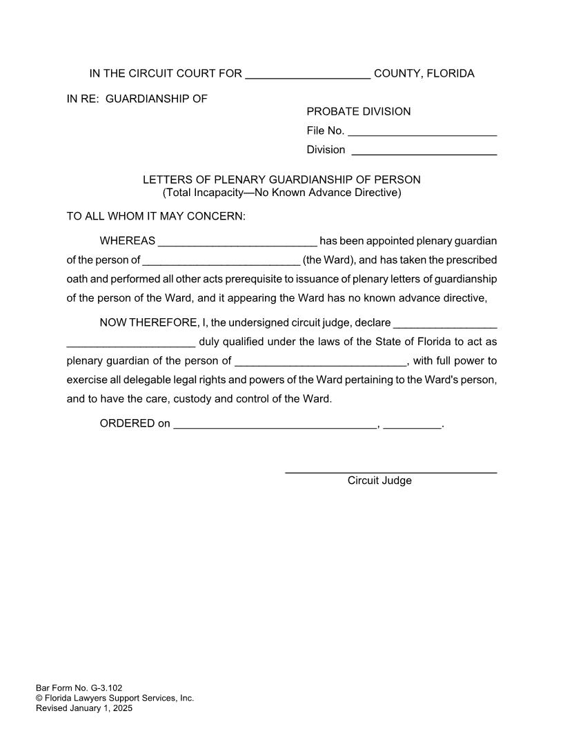 Letters Of Plenary Guardianship Of Person Total Incapacity No Advance Directive {G-3.102} | Pdf Fpdf Doc Docx | FLSSI Guardianship