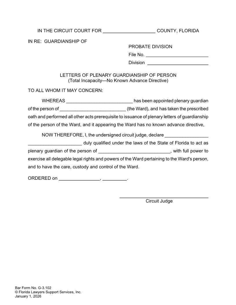 Letters Of Plenary Guardianship Of Person Total Incapacity No Advance Directive {G-3.102} | Pdf Fpdf Doc Docx | FLSSI Guardianship