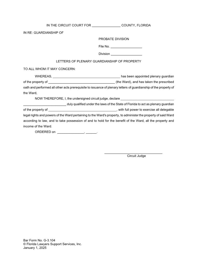 Letters Of Plenary Guardianship Of The Property {G-3.104} | Pdf Fpdf Doc Docx | FLSSI Guardianship