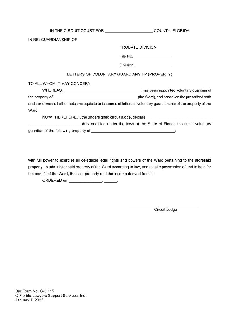 Letters Of Voluntary Guardianship Property {G-3.115} | Pdf Fpdf Doc Docx | FLSSI Guardianship