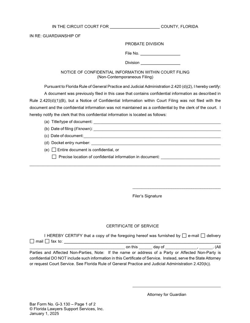Notice Of Confidential Information Within Court Filing {G-3.130} | Pdf Fpdf Doc Docx | FLSSI Guardianship