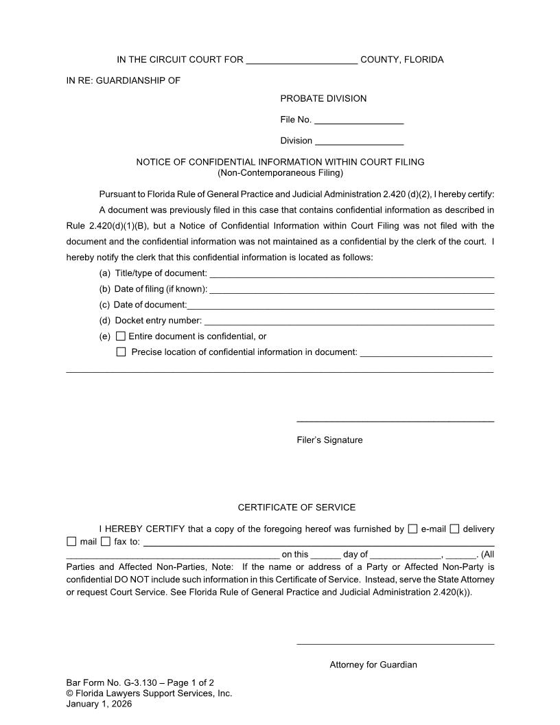 Notice Of Confidential Information Within Court Filing {G-3.130} | Pdf Fpdf Doc Docx | FLSSI Guardianship