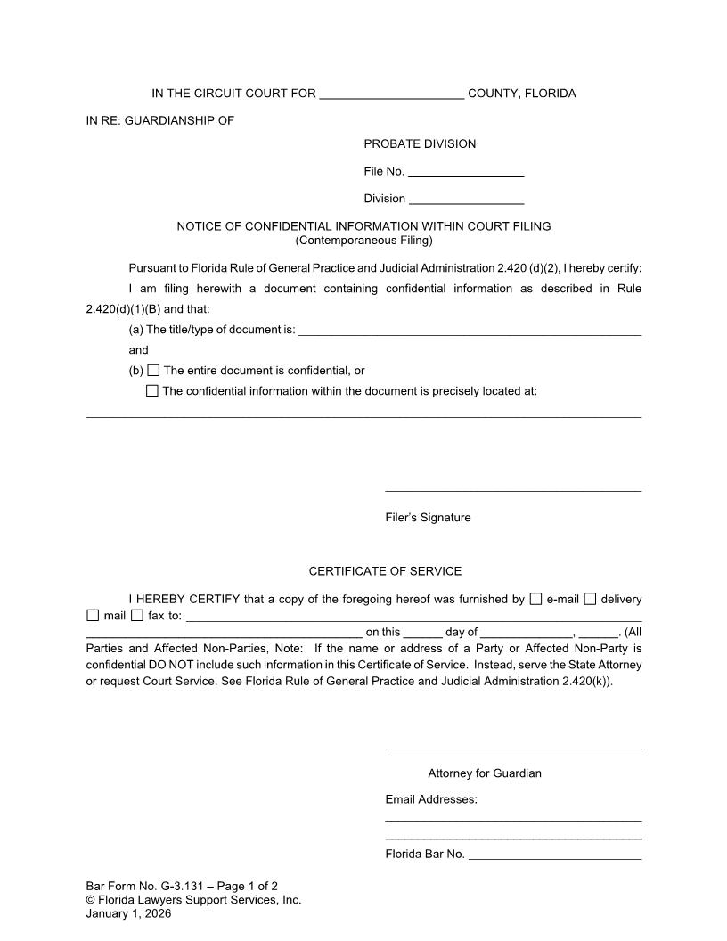 Notice Of Confidential Information Within Court Filing (Contemporaneous Filing) {G-3.131} | Pdf Fpdf Doc Docx | FLSSI Guardianship