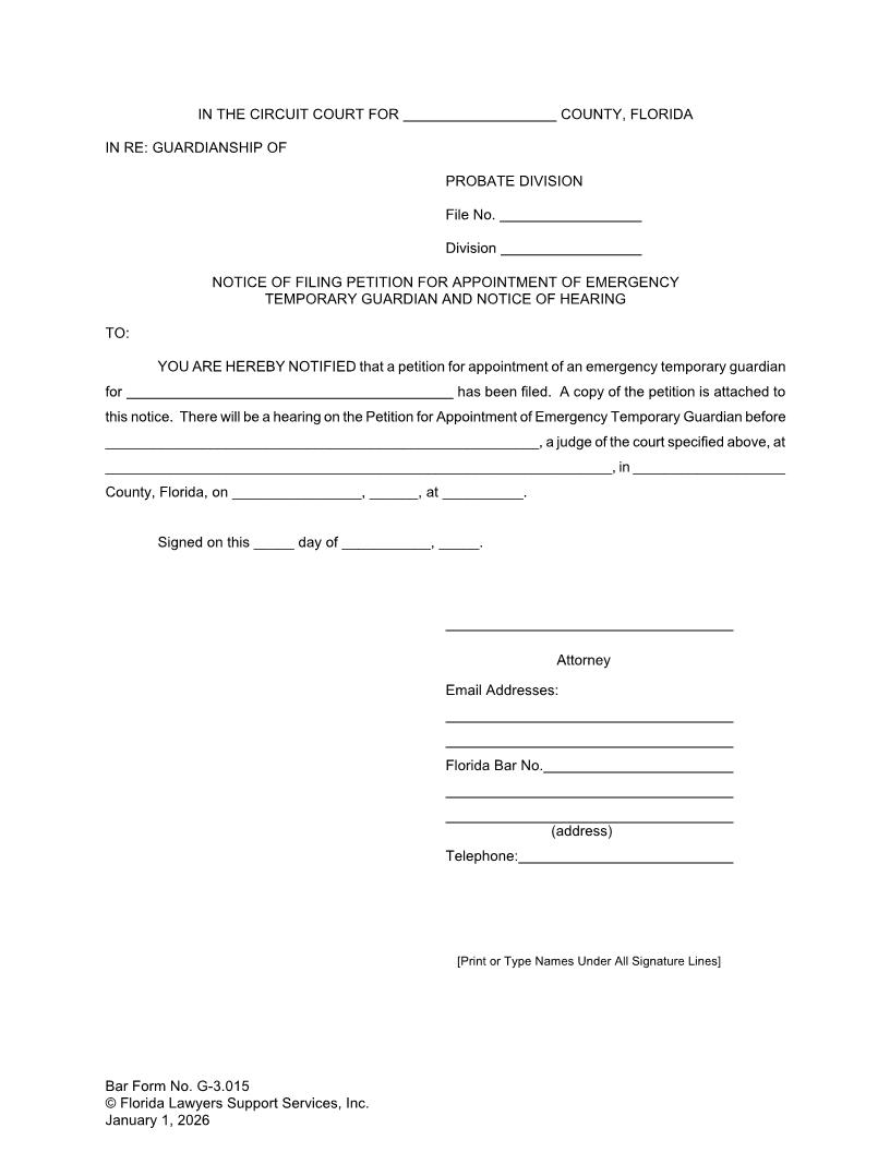 Notice Of Filing Petition For Appointment Emergency Temp Guardian Notice Hearing {G-3.015} | Pdf Fpdf Doc Docx | FLSSI Guardianship