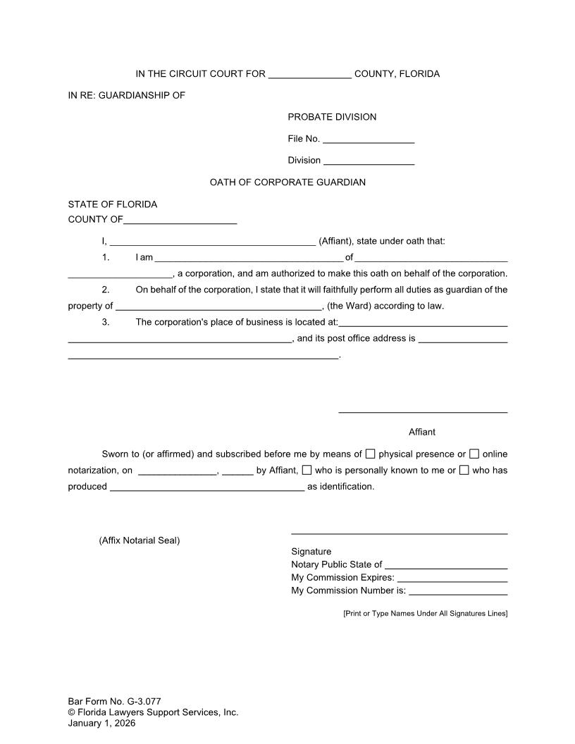 Oath Of Corporate Guardian {G-3.077} | Pdf Fpdf Doc Docx | FLSSI Guardianship