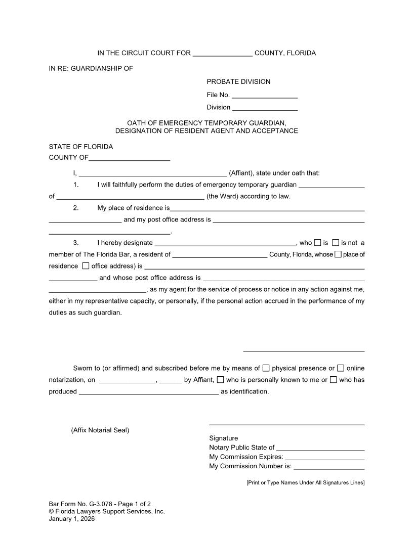 Oath Of Emergency Temporary Guardian Designation Of Resident Agent Acceptance {G-3.078} | Pdf Fpdf Docx | FLSSI Guardianship