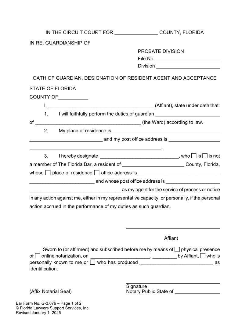 Oath Of Guardian Designation Of Resident Agent And Acceptance {G-3.076} | Pdf Fpdf Doc Docx | FLSSI Guardianship