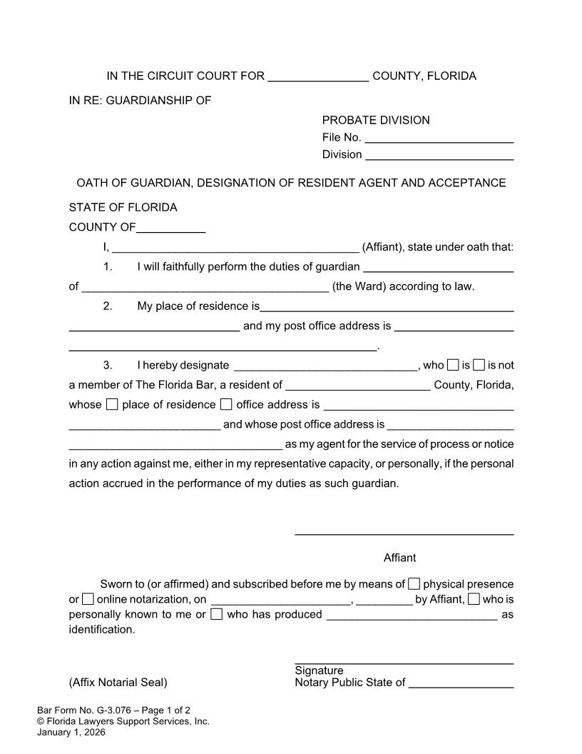 Oath Of Guardian Designation Of Resident Agent And Acceptance {G-3.076} | Pdf Fpdf Doc Docx | FLSSI Guardianship