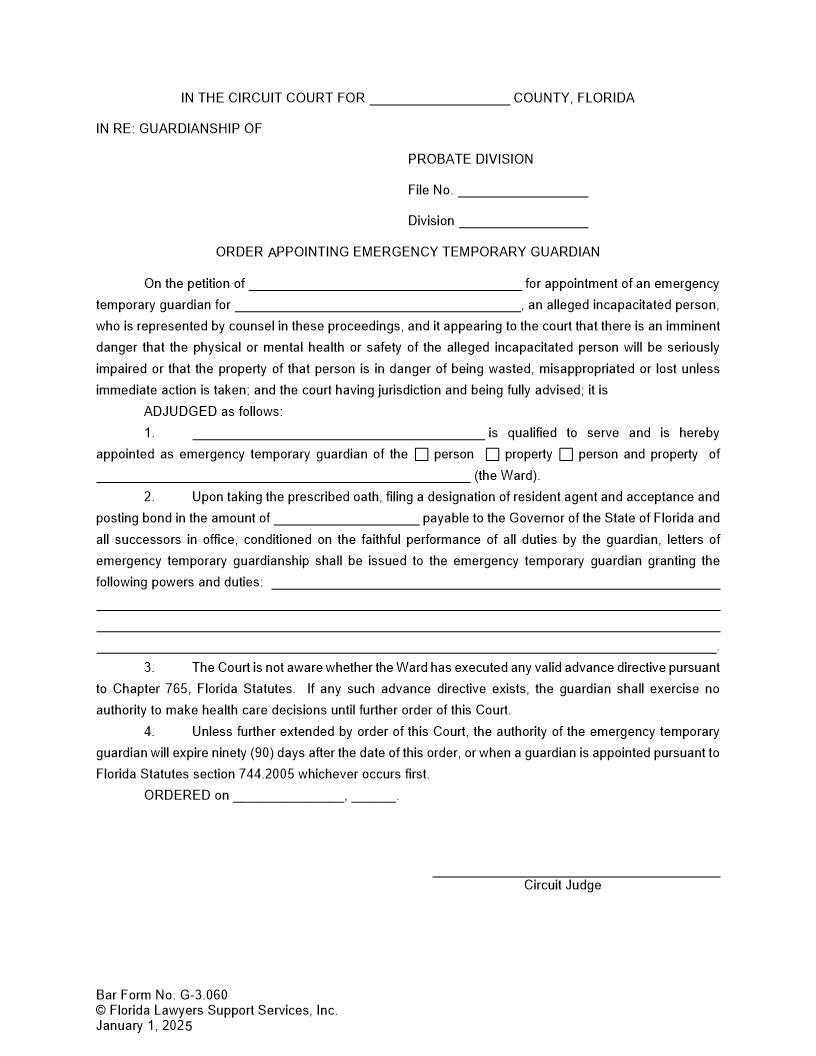 Order Appointing Emergency Temporary Guardian {G-3.060} | Pdf Fpdf Doc Docx | FLSSI Guardianship