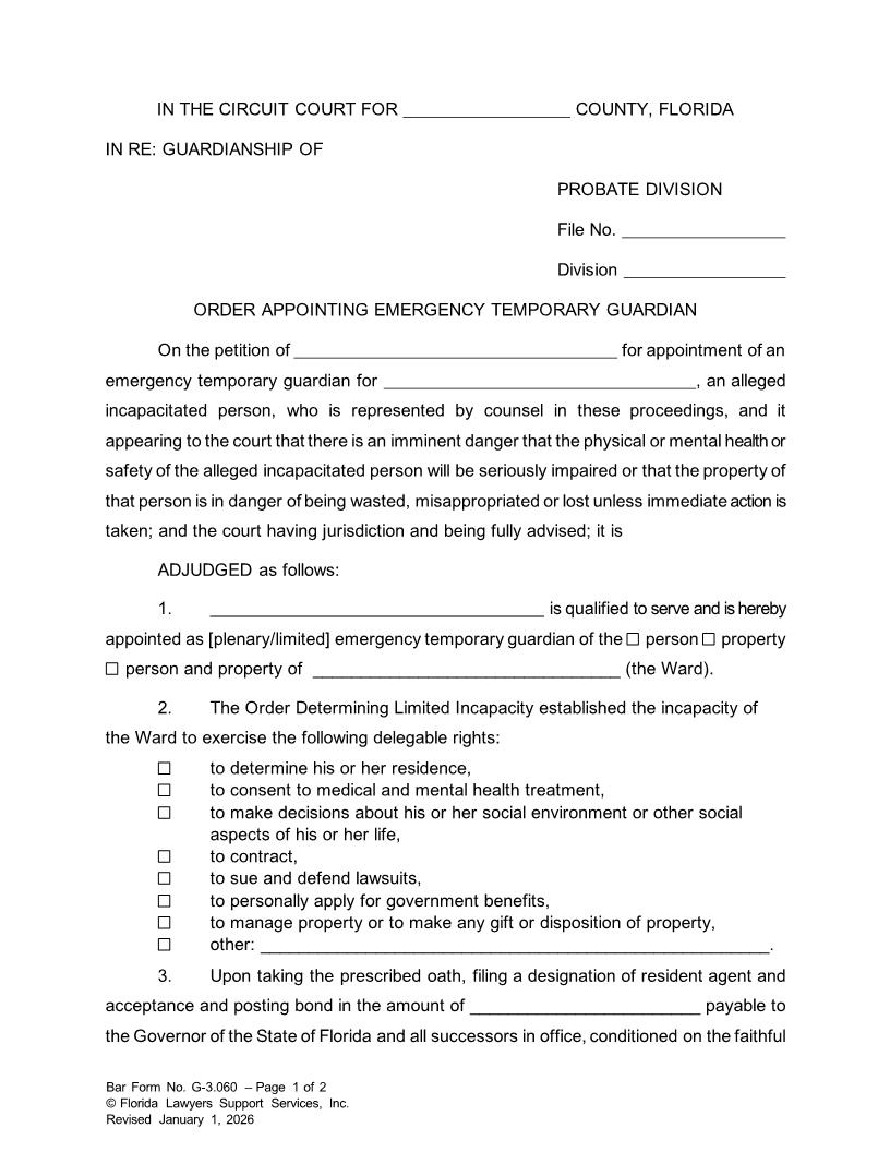 Order Appointing Emergency Temporary Guardian {G-3.060} | Pdf Fpdf Doc Docx | FLSSI Guardianship