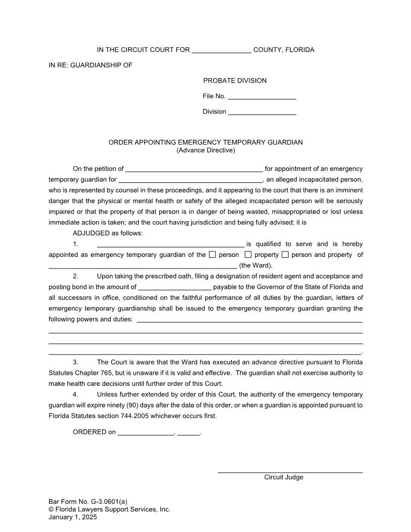 Order Appointing Emergency Temporary Guardian (Advance Directive) {G-3.0601(a)} | Pdf Fpdf Docx | FLSSI Guardianship