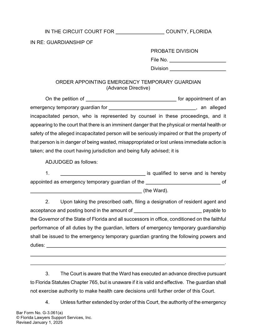 Order Appointing Emergency Temporary Guardian Advance Directive {G-3.061(a)} | Pdf Fpdf Docx | FLSSI Guardianship