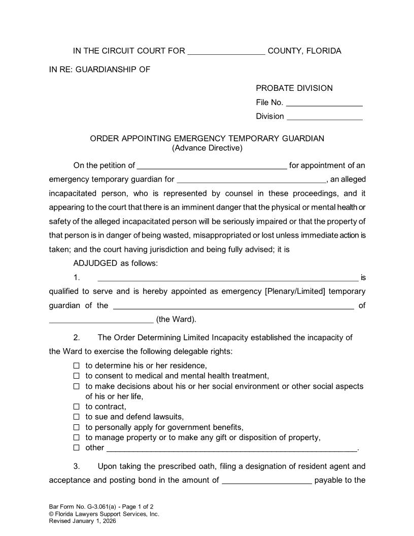 Order Appointing Emergency Temporary Guardian Advance Directive {G-3.061(a)} | Pdf Fpdf Docx | FLSSI Guardianship