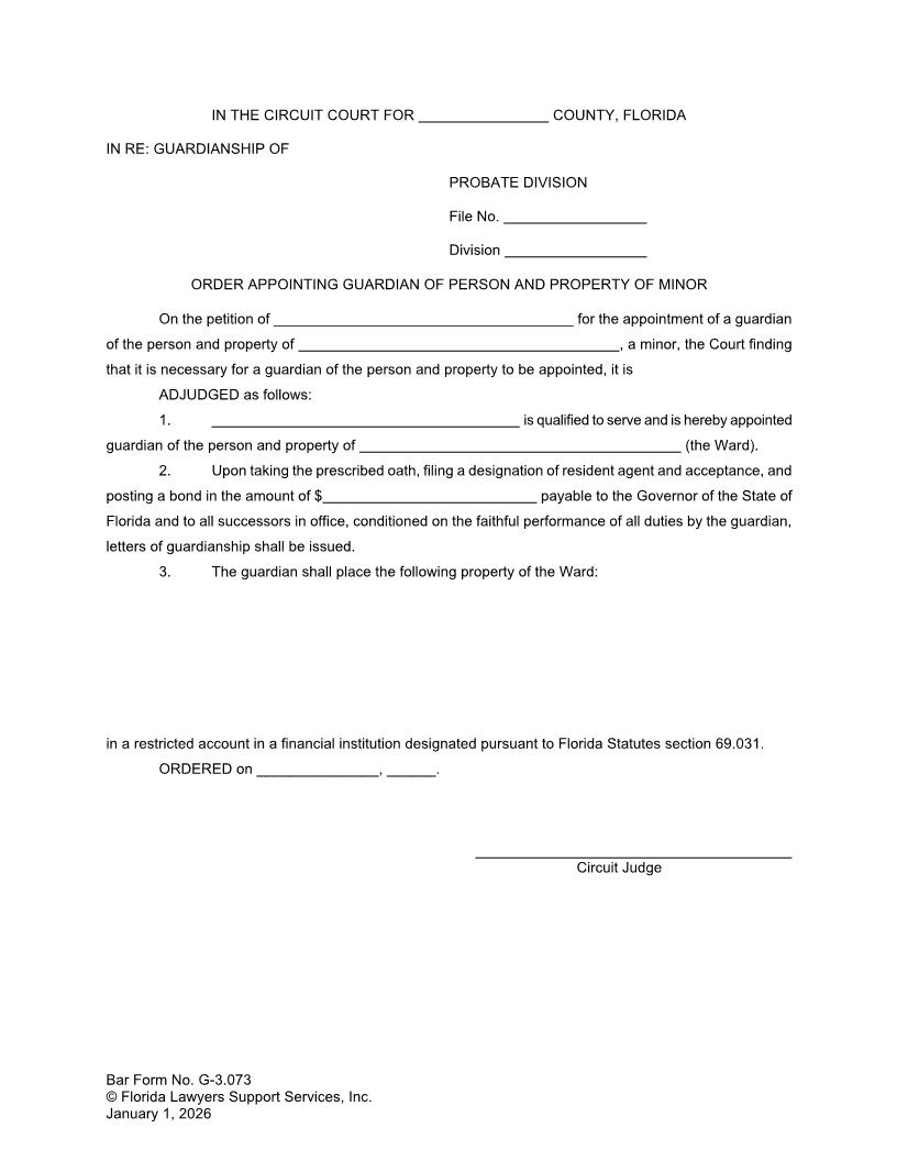 Order Appointing Guardian Of Person And Property Of Minor {G-3.073} | Pdf Fpdf Doc Docx | FLSSI Guardianship